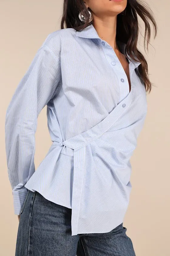 Flykra Light Blue Striped Asymmetrical Button-Up Wrap Top sold by Lulus product image thumbnail 4