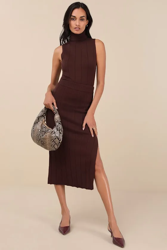 Sophisticated Duo Brown Ribbed Midi Sweater Skirt sold by Lulus