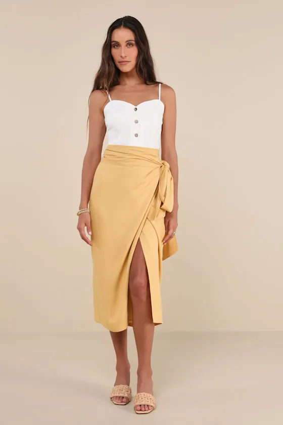 Breezy Personality Yellow Linen Midi Wrap Skirt sold by Lulus
