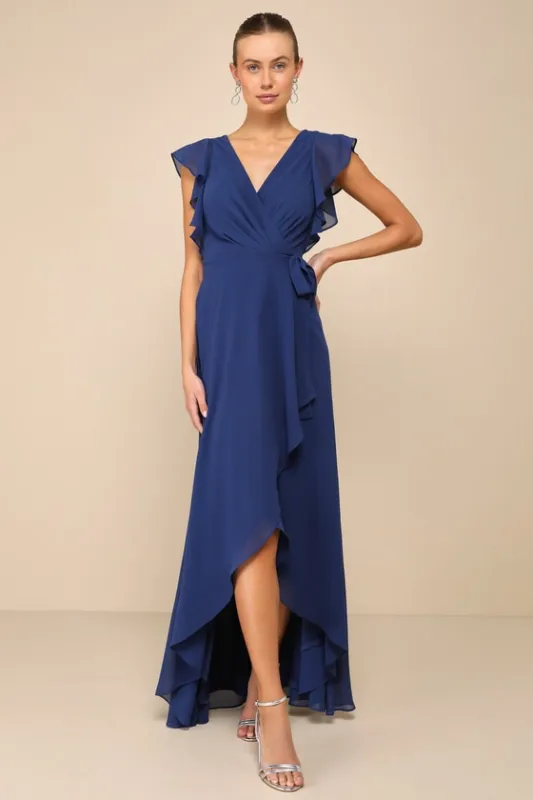 Ravishing Charm Dark Blue Ruffled Wrap High-Low Maxi Dress sold by Lulus