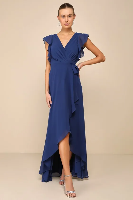 Ravishing Charm Dark Blue Ruffled Wrap High-Low Maxi Dress sold by Lulus
