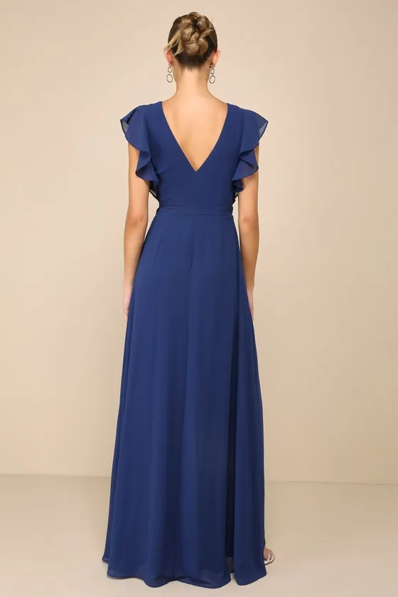 Ravishing Charm Dark Blue Ruffled Wrap High-Low Maxi Dress sold by Lulus product image thumbnail 2