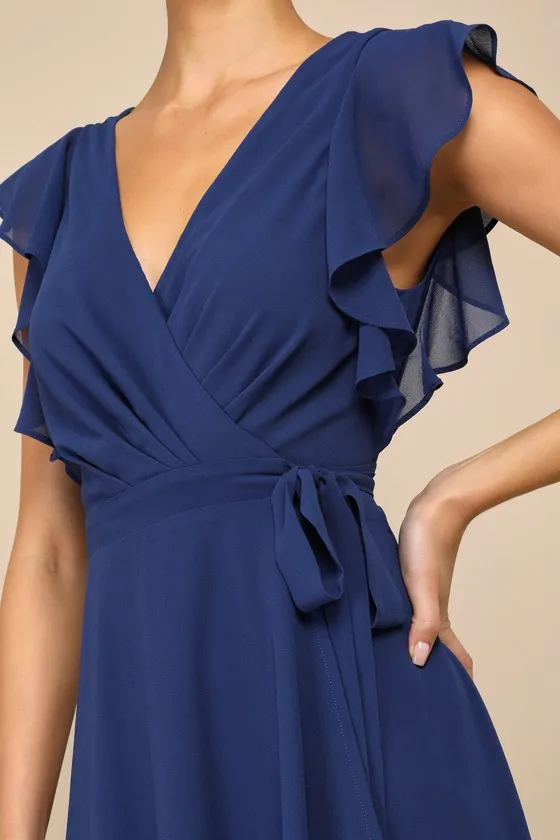 Ravishing Charm Dark Blue Ruffled Wrap High-Low Maxi Dress sold by Lulus product image thumbnail 3