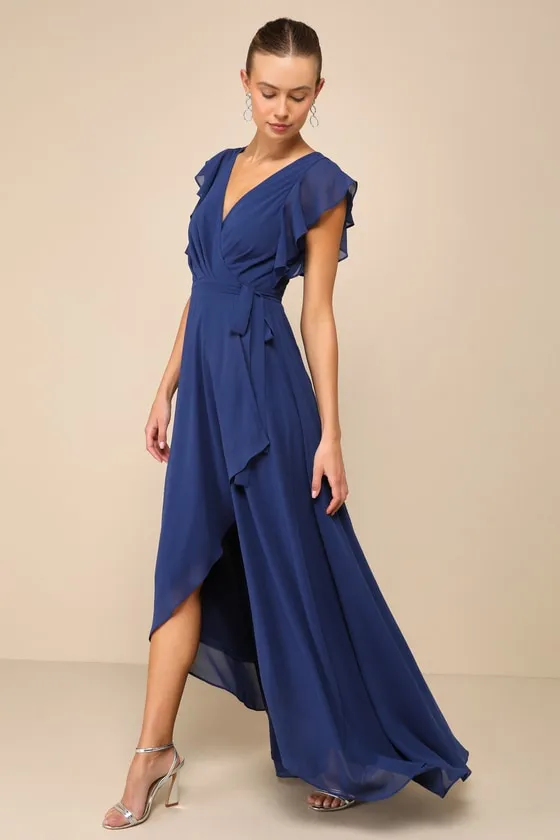 Ravishing Charm Dark Blue Ruffled Wrap High-Low Maxi Dress sold by Lulus product image thumbnail 4