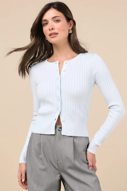 Perfect Classic Light Blue Ribbed Knit Cardigan Sweater sold by Lulus
