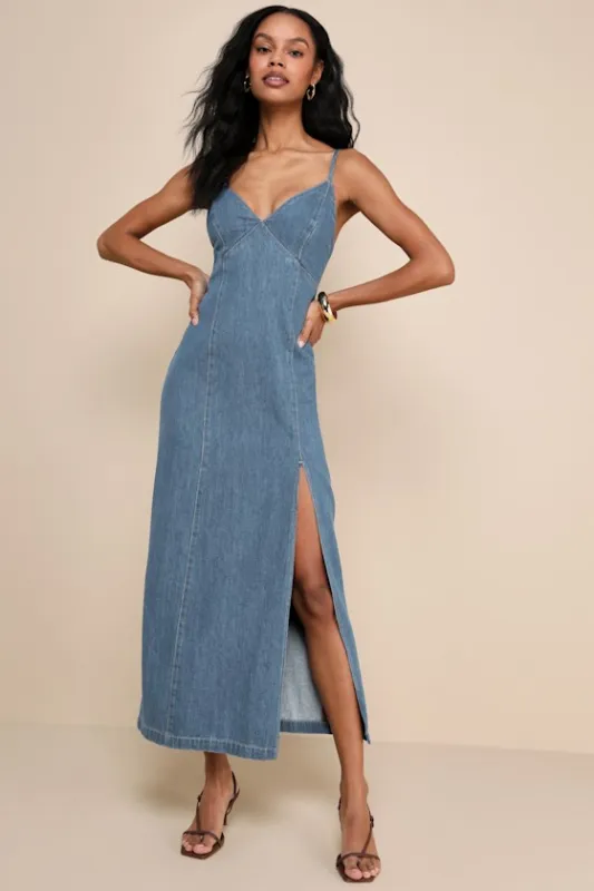 Crush-Worthy Trend Medium Wash Denim Sleeveless Midi Dress sold by Lulus