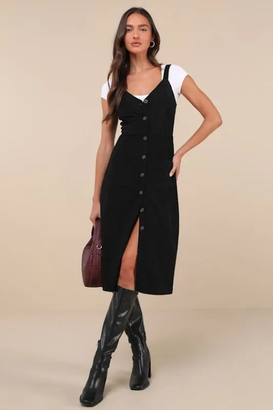 Certainly the Sweetest Black Corduroy Button-Front Midi Dress sold by Lulus