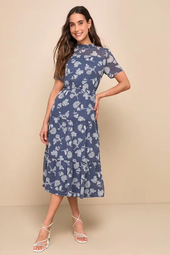 Floral Dressed Up Dusty Blue Floral Print Midi Dress sold by Lulus
