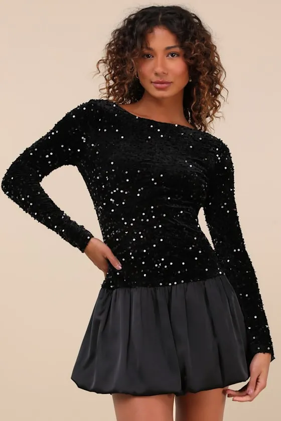 Event Aura Black Sequin Long Sleeve Mini Dress sold by Lulus