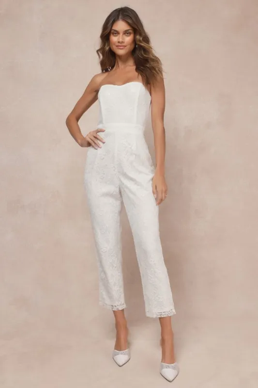 Redefined Elegance White Floral Lace Sequin Strapless Jumpsuit sold by Lulus