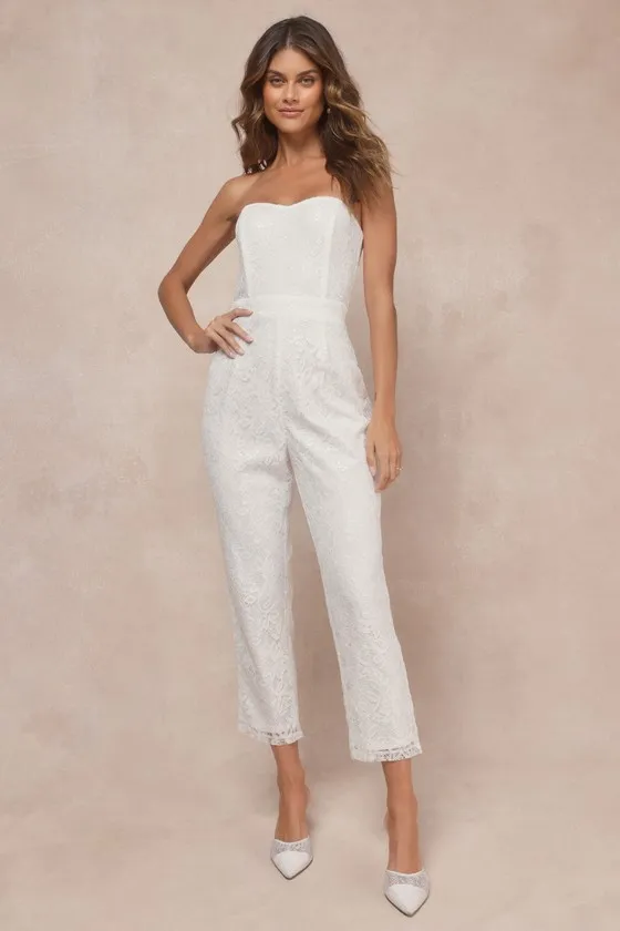 Redefined Elegance White Floral Lace Sequin Strapless Jumpsuit sold by Lulus