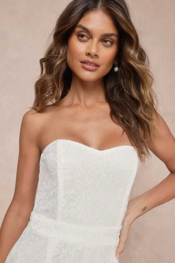 Redefined Elegance White Floral Lace Sequin Strapless Jumpsuit sold by Lulus product image thumbnail 2