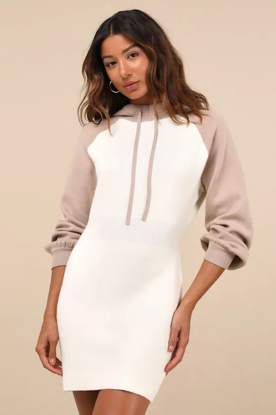 Laidback Moments Ivory and Beige Hooded Sweater Mini Dress sold by Lulus
