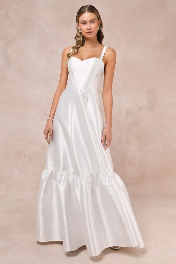 Luxurious Passion White Taffeta Bustier Tiered Maxi Dress sold by Lulus