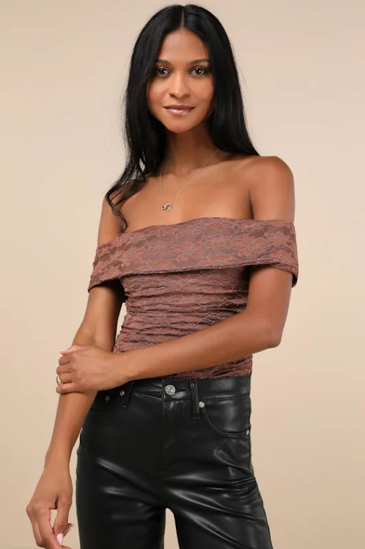 Sultry Whimsy Brown Lace Off-the-Shoulder Bodysuit sold by Lulus