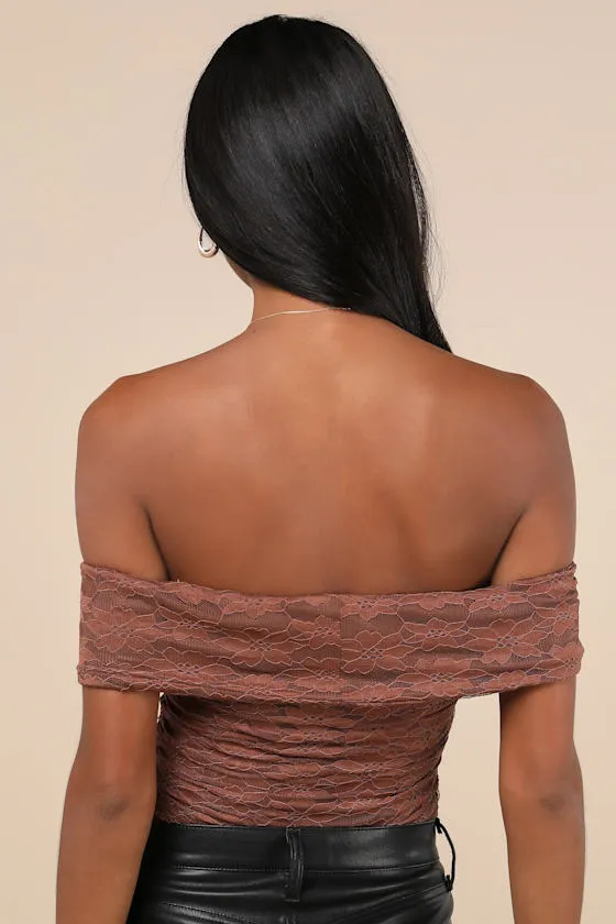 Sultry Whimsy Brown Lace Off-the-Shoulder Bodysuit sold by Lulus product image thumbnail 2