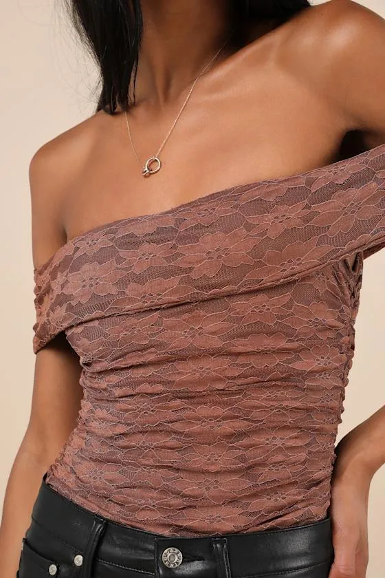 Sultry Whimsy Brown Lace Off-the-Shoulder Bodysuit sold by Lulus product image thumbnail 4