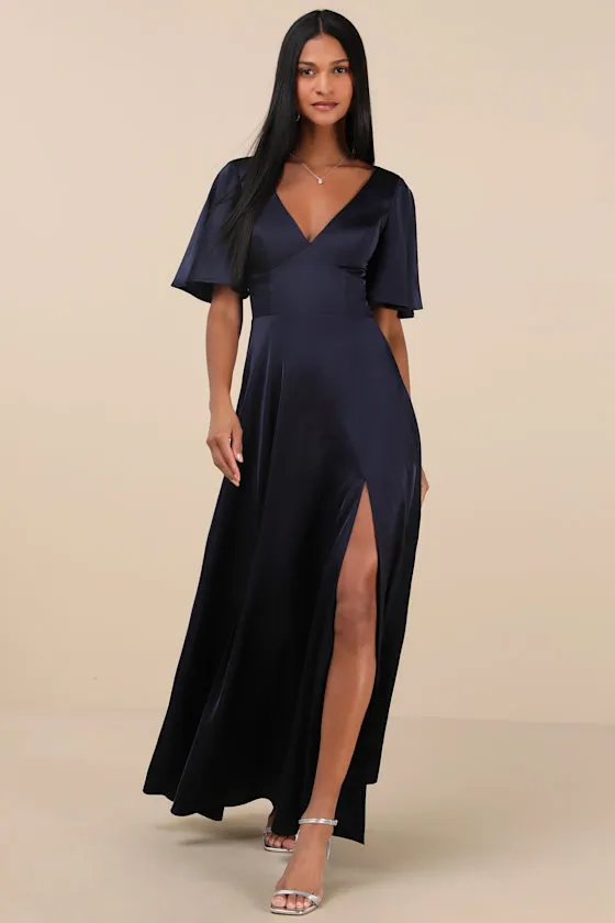 Elegant Confidence Navy Satin Flutter Sleeve Cutout Maxi Dress sold by Lulus