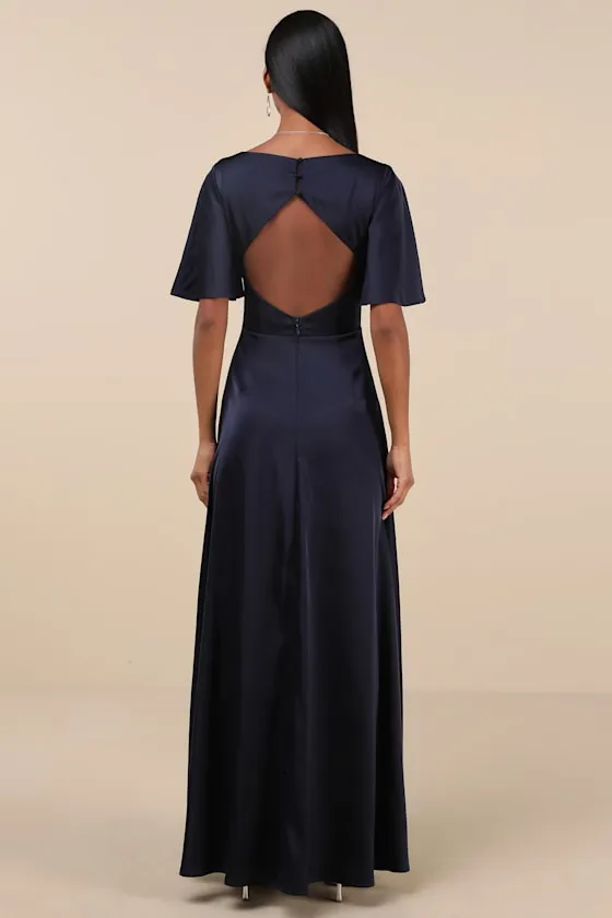 Elegant Confidence Navy Satin Flutter Sleeve Cutout Maxi Dress sold by Lulus product image thumbnail 2