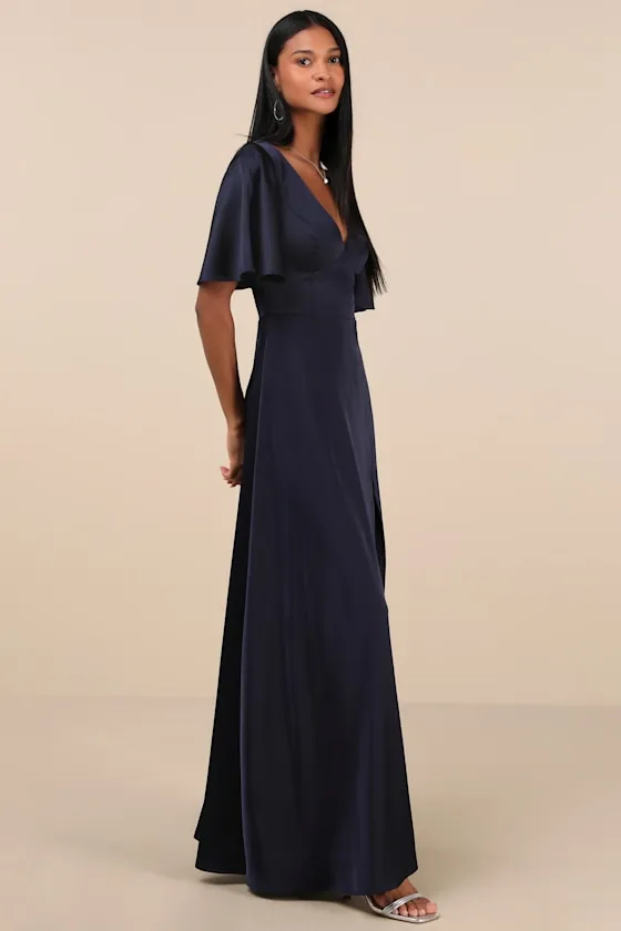 Elegant Confidence Navy Satin Flutter Sleeve Cutout Maxi Dress sold by Lulus product image thumbnail 3