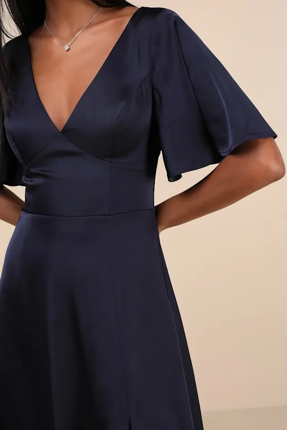 Elegant Confidence Navy Satin Flutter Sleeve Cutout Maxi Dress sold by Lulus product image thumbnail 4