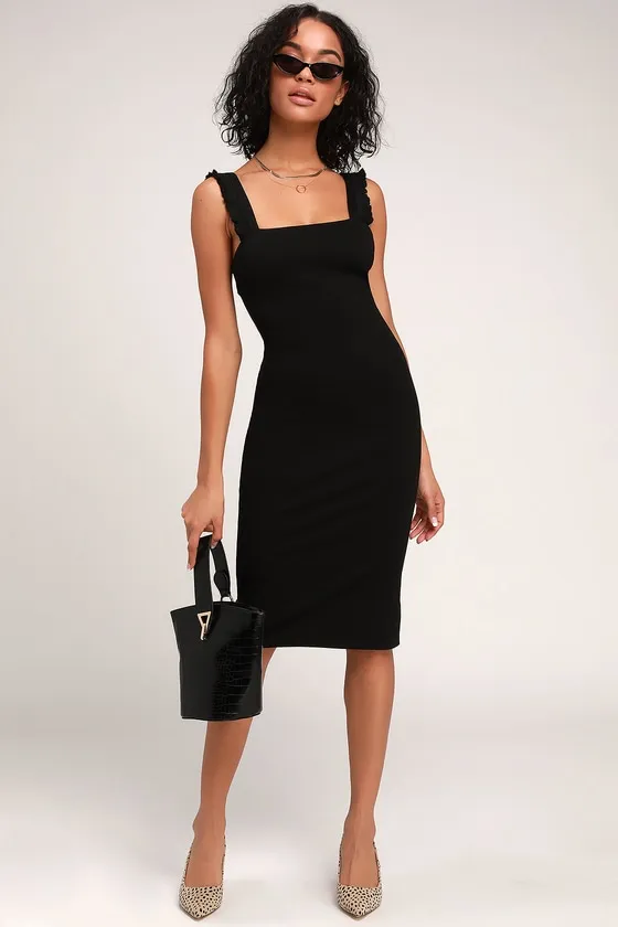 Persuasion Black Ruffled Bodycon Midi Dress sold by Lulus
