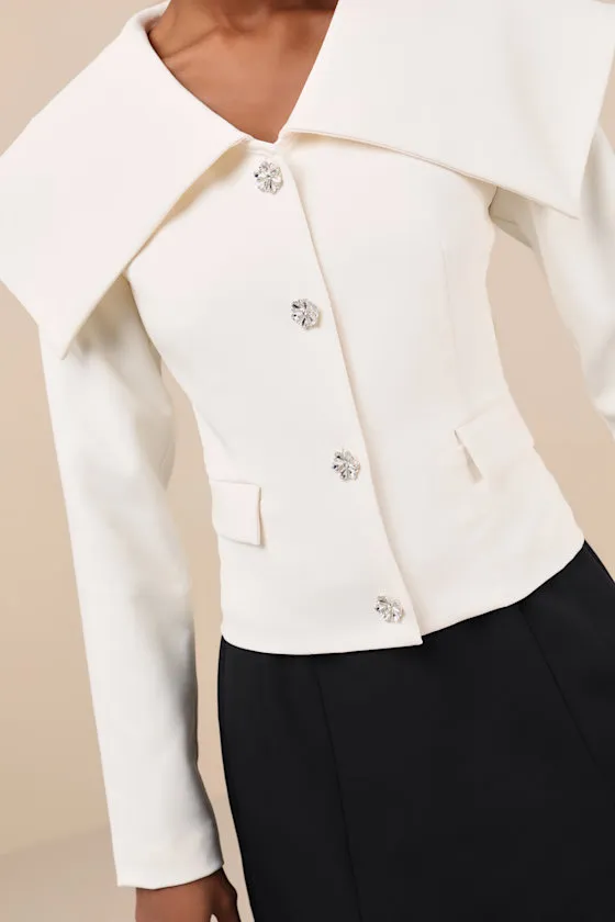 Distinctly Chic Ivory Shawl Collar Rhinestone Button Blazer sold by Lulus product image thumbnail 4