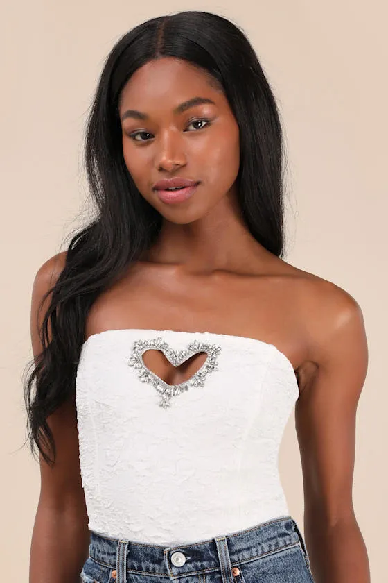 Amias White Jacquard Cutout Crop Top sold by Lulus