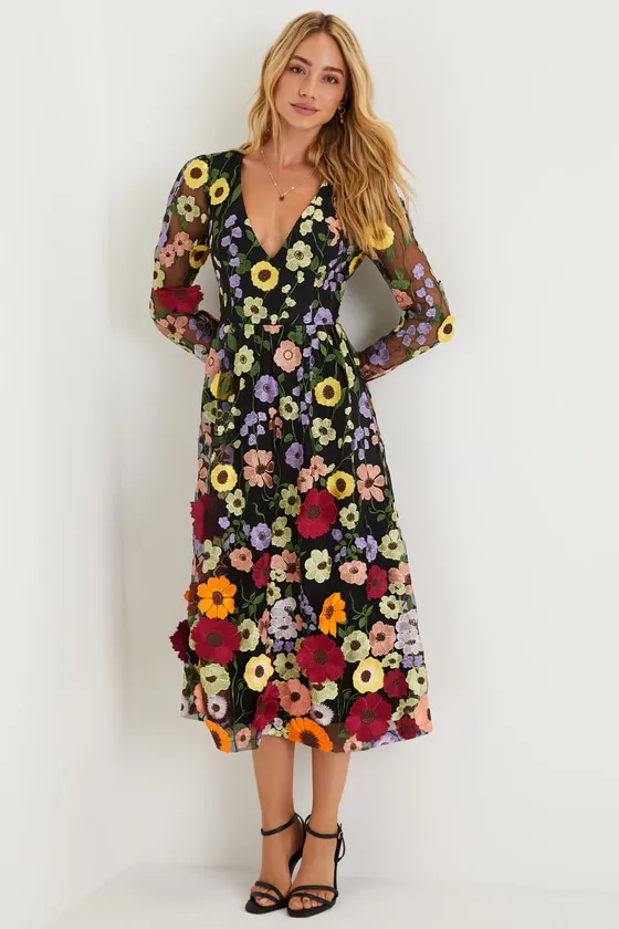 Impressive Blossom Black 3D Floral Embroidered Midi Dress sold by Lulus