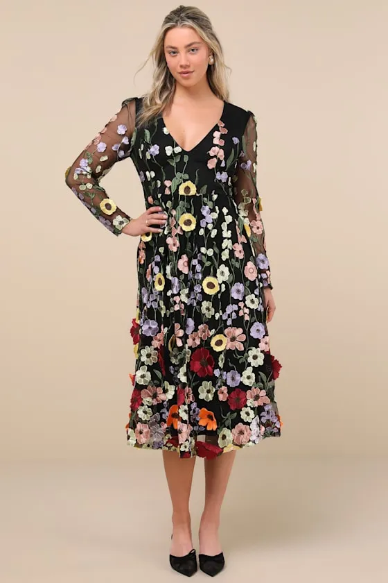 Impressive Blossom Black 3D Floral Embroidered Midi Dress sold by Lulus product image thumbnail 2