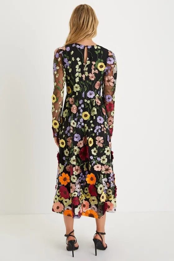 Impressive Blossom Black 3D Floral Embroidered Midi Dress sold by Lulus product image thumbnail 3