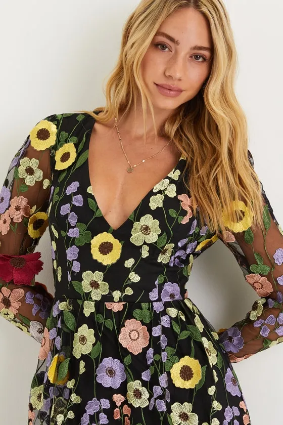 Impressive Blossom Black 3D Floral Embroidered Midi Dress sold by Lulus product image thumbnail 4