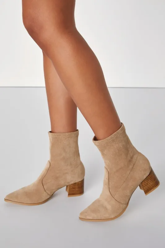 Char Mushroom Brown Suede Pointed-Toe Sock Boots sold by Lulus
