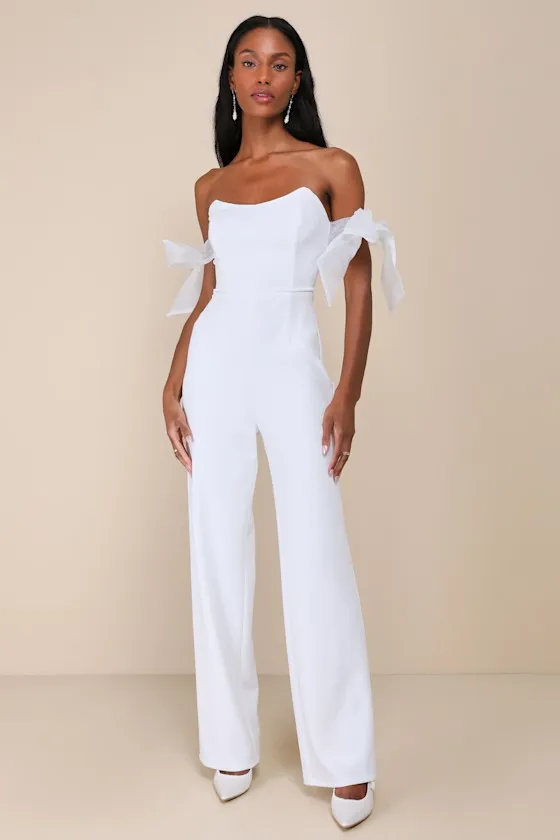 Pristine Aura White Tie-Strap Off-the-Shoulder Jumpsuit sold by Lulus