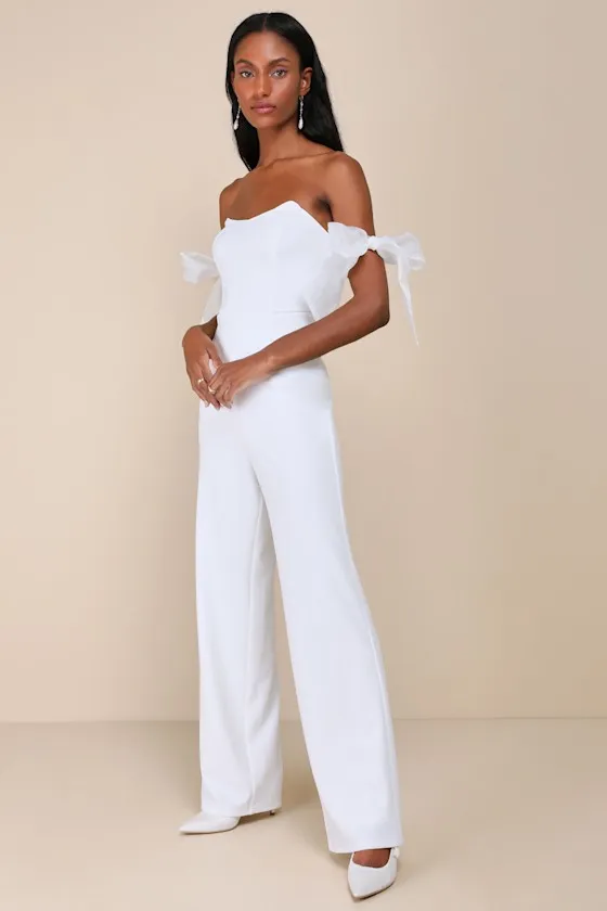 Pristine Aura White Tie-Strap Off-the-Shoulder Jumpsuit sold by Lulus product image thumbnail 3
