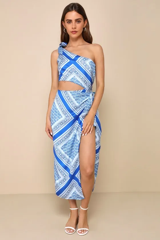 Vacay Beauty Blue Scarf Print One-Shoulder Tie-Strap Midi Dress sold by Lulus