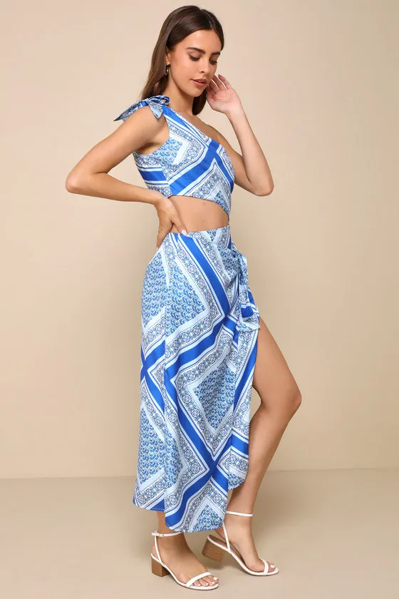 Vacay Beauty Blue Scarf Print One-Shoulder Tie-Strap Midi Dress sold by Lulus product image thumbnail 2