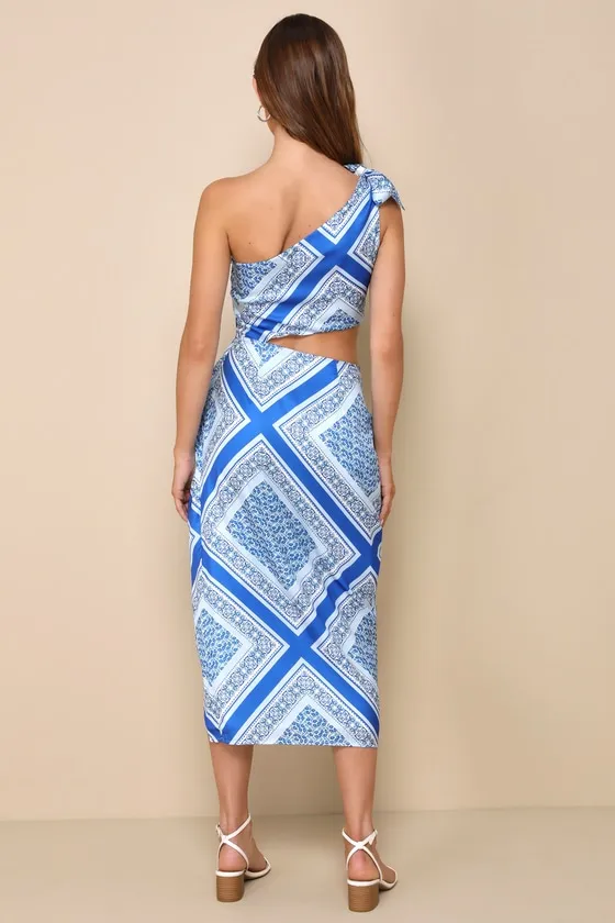 Vacay Beauty Blue Scarf Print One-Shoulder Tie-Strap Midi Dress sold by Lulus product image thumbnail 3
