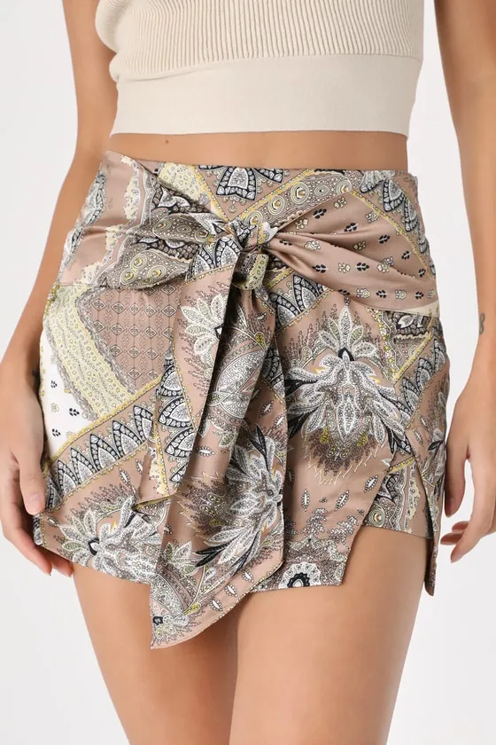 Trendy Tales Taupe Scarf Print Satin Tie-Front Skort sold by Lulus product image thumbnail 3