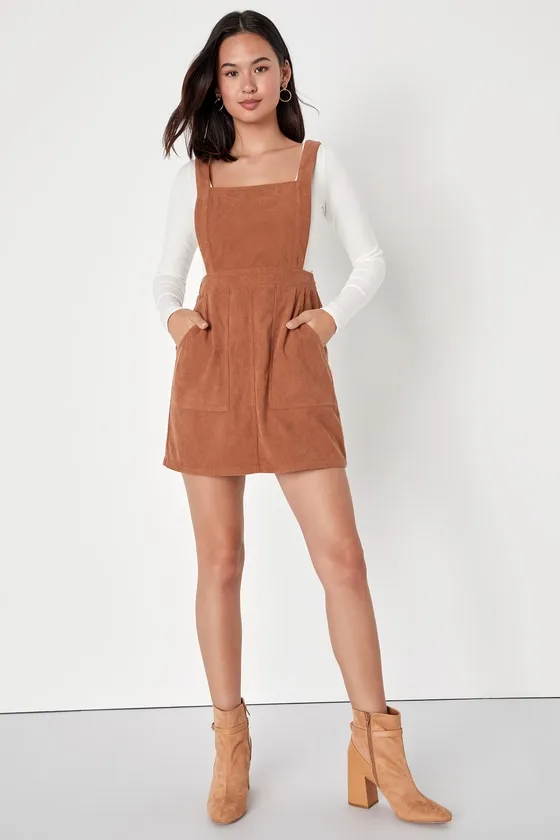 Embracing Autumn Brown Corduroy Pinafore Mini Dress sold by Lulus