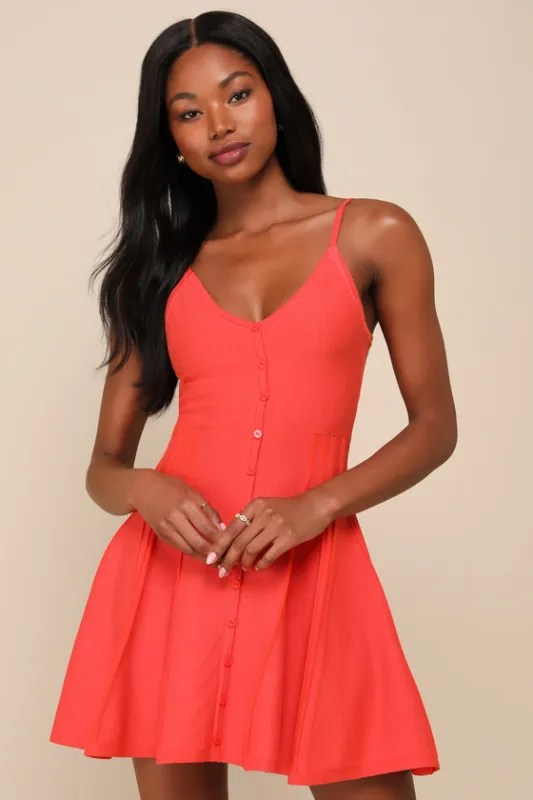 Flattering Disposition Orange Button-Front Ribbed Mini Dress sold by Lulus