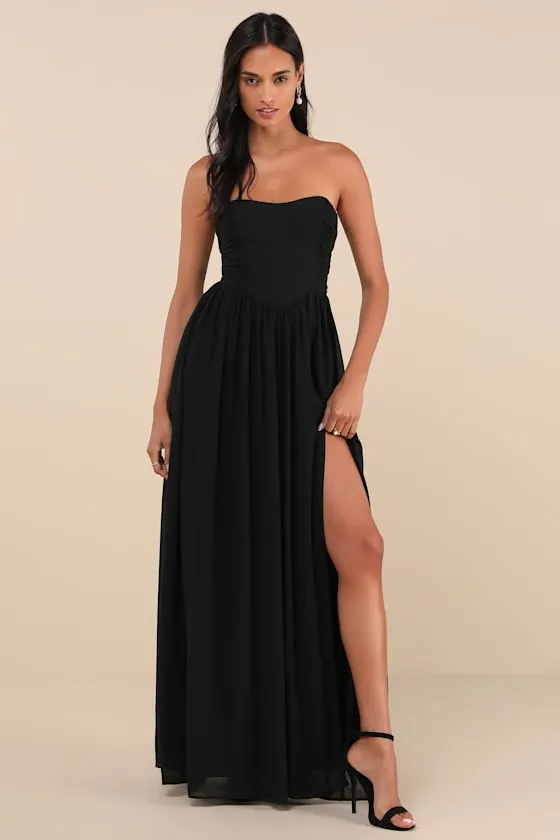 Luxe Favorite Black Strapless Ruched Maxi Dress sold by Lulus