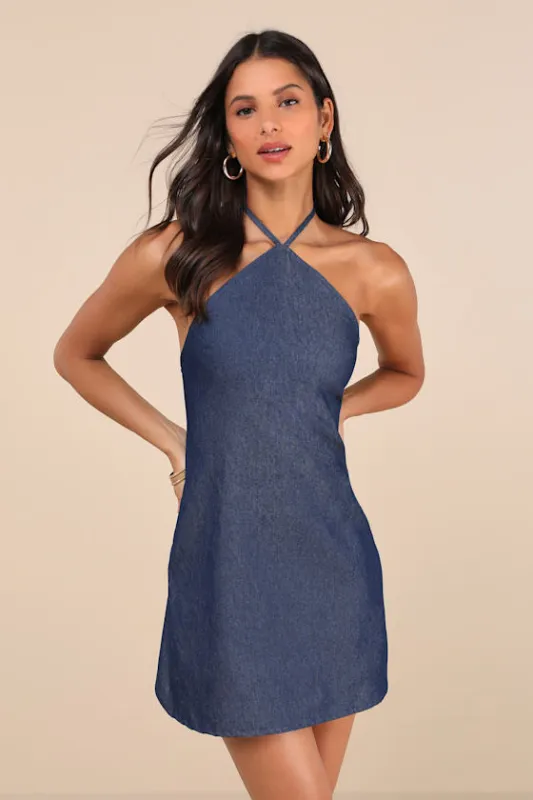 Belinda Dark Blue Chambray Cotton Halter Mini Dress sold by Lulus