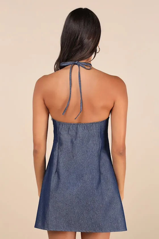 Belinda Dark Blue Chambray Cotton Halter Mini Dress sold by Lulus product image thumbnail 2