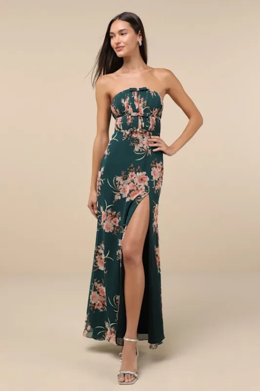 Enchanting Garden Emerald Floral Cutout Bow Strapless Maxi Dress sold by Lulus
