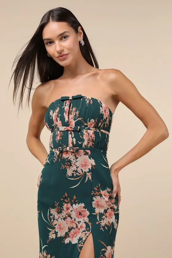 Enchanting Garden Emerald Floral Cutout Bow Strapless Maxi Dress sold by Lulus product image thumbnail 3