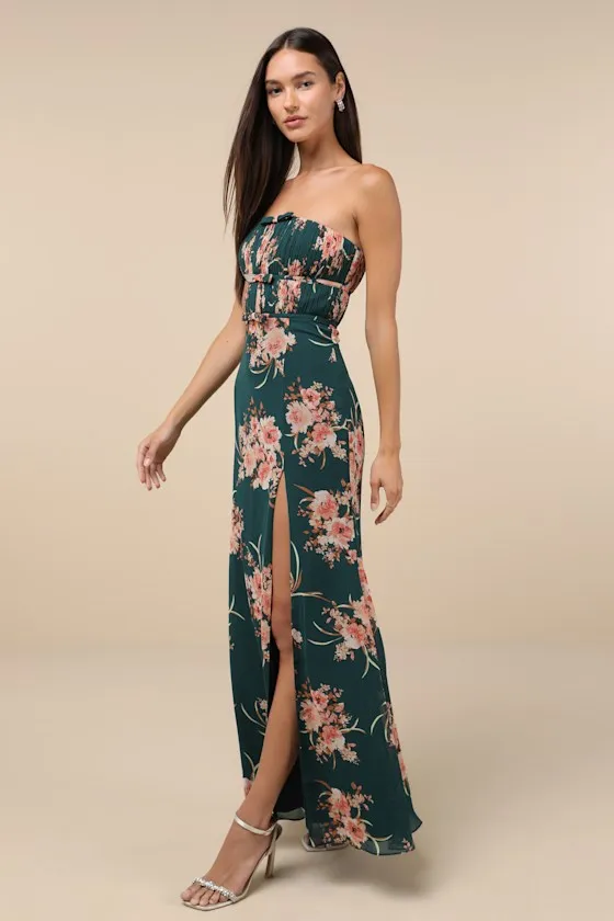 Enchanting Garden Emerald Floral Cutout Bow Strapless Maxi Dress sold by Lulus product image thumbnail 4
