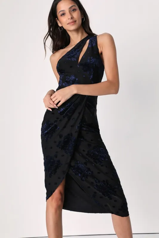 Drinks at Dusk Navy Floral Burnout Velvet One-Shoulder Dress sold by Lulus