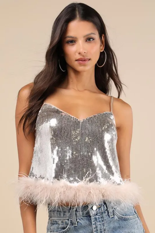 Perfectly Glowing Champagne Sequin Feather Cami Top sold by Lulus