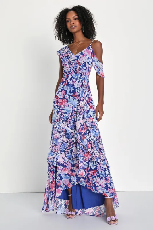 Radiant Blue Floral Print Chiffon Maxi Dress sold by Lulus